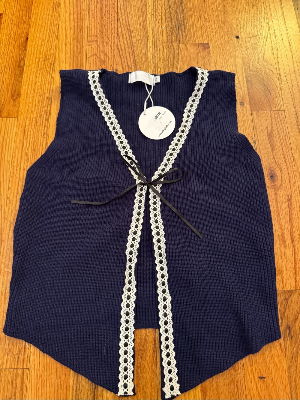 Navy Knit Lace-Trim Vest with Bow